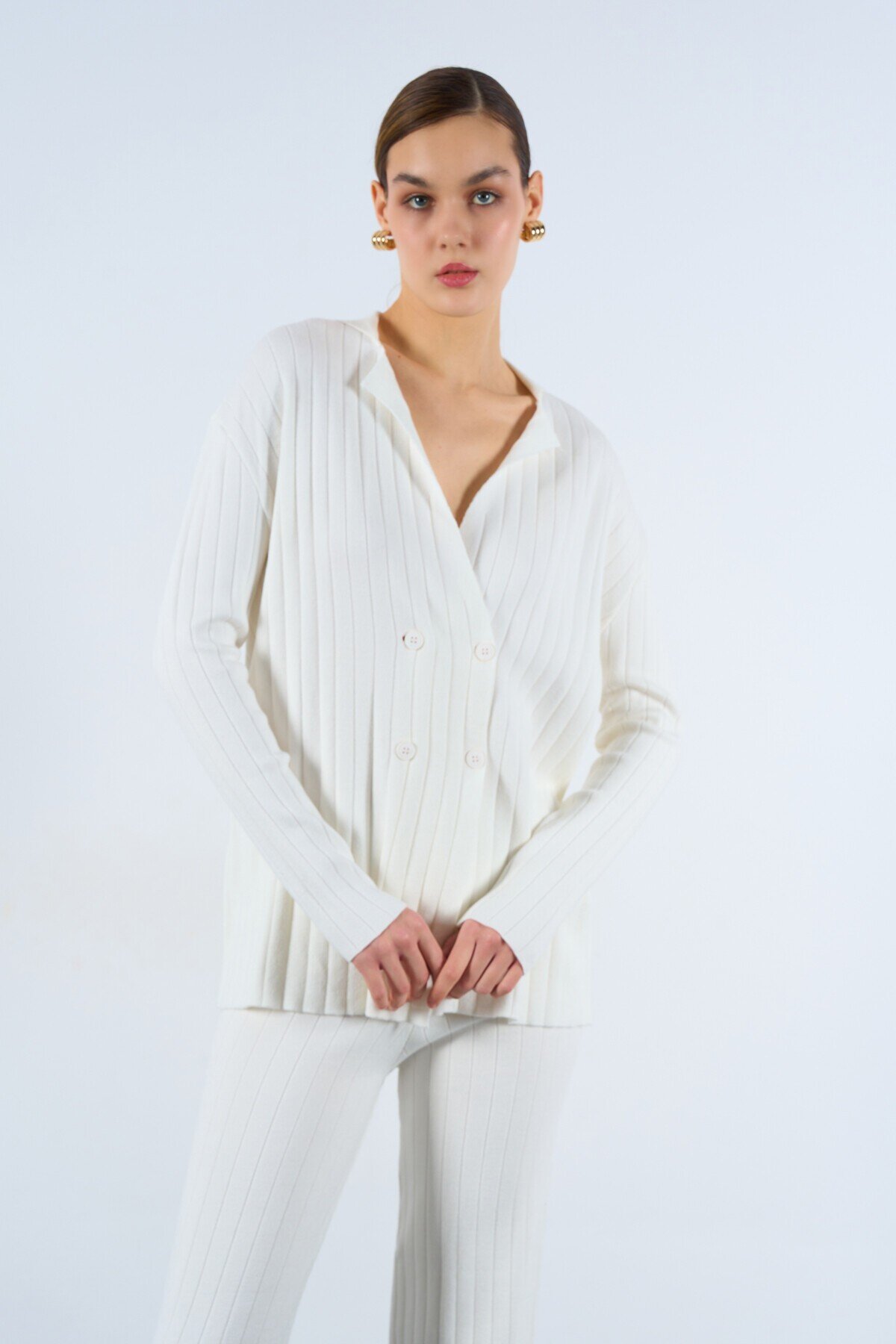 Ecru Woman Mita Shirt Collar Knit Pant Set