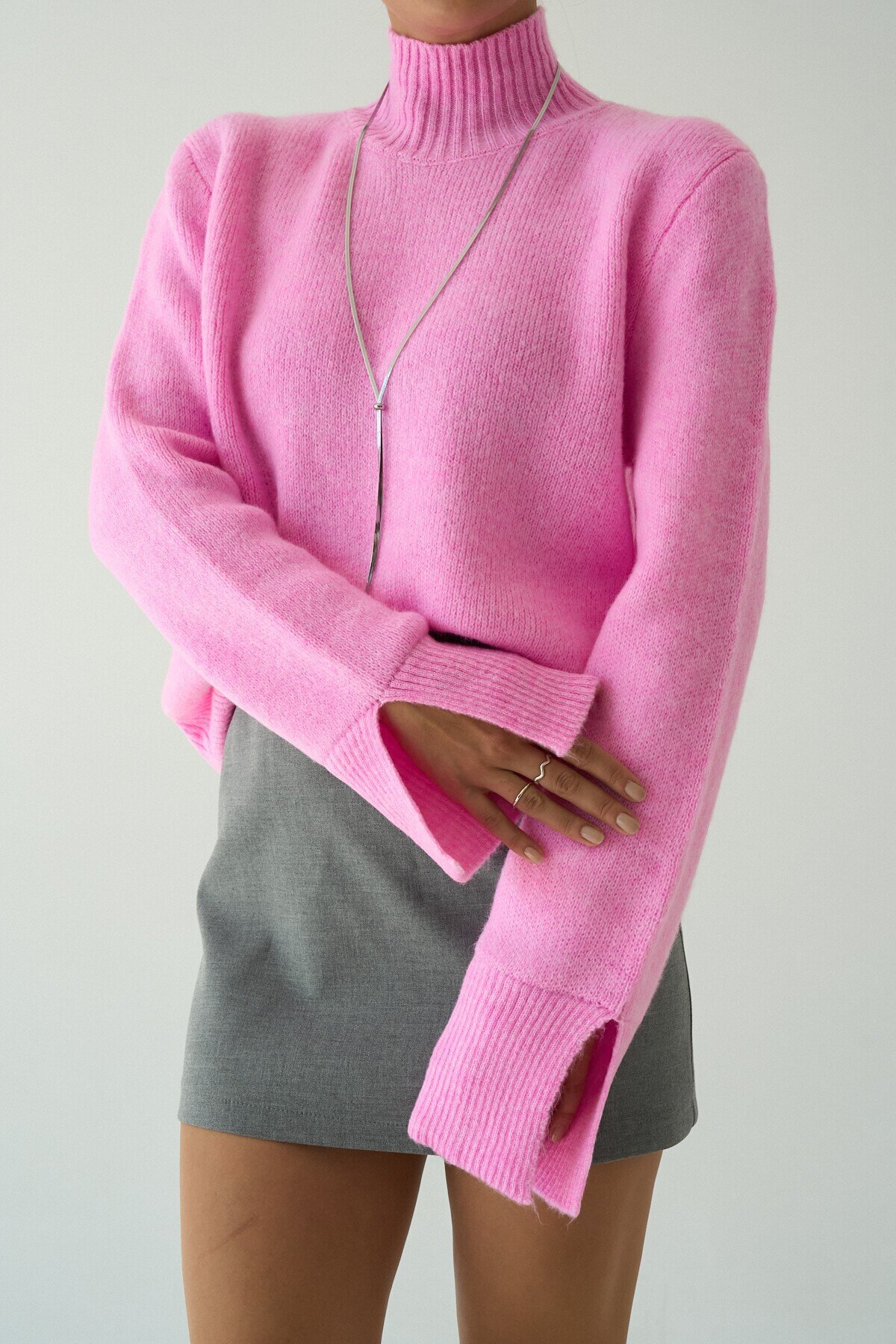 Pink Womens Turtleneck Knitwear Sweater with Slit Sleeves