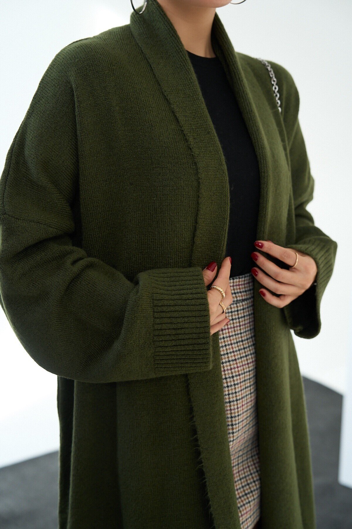 Khaki Woman Deka Open Front Knit Cardigan