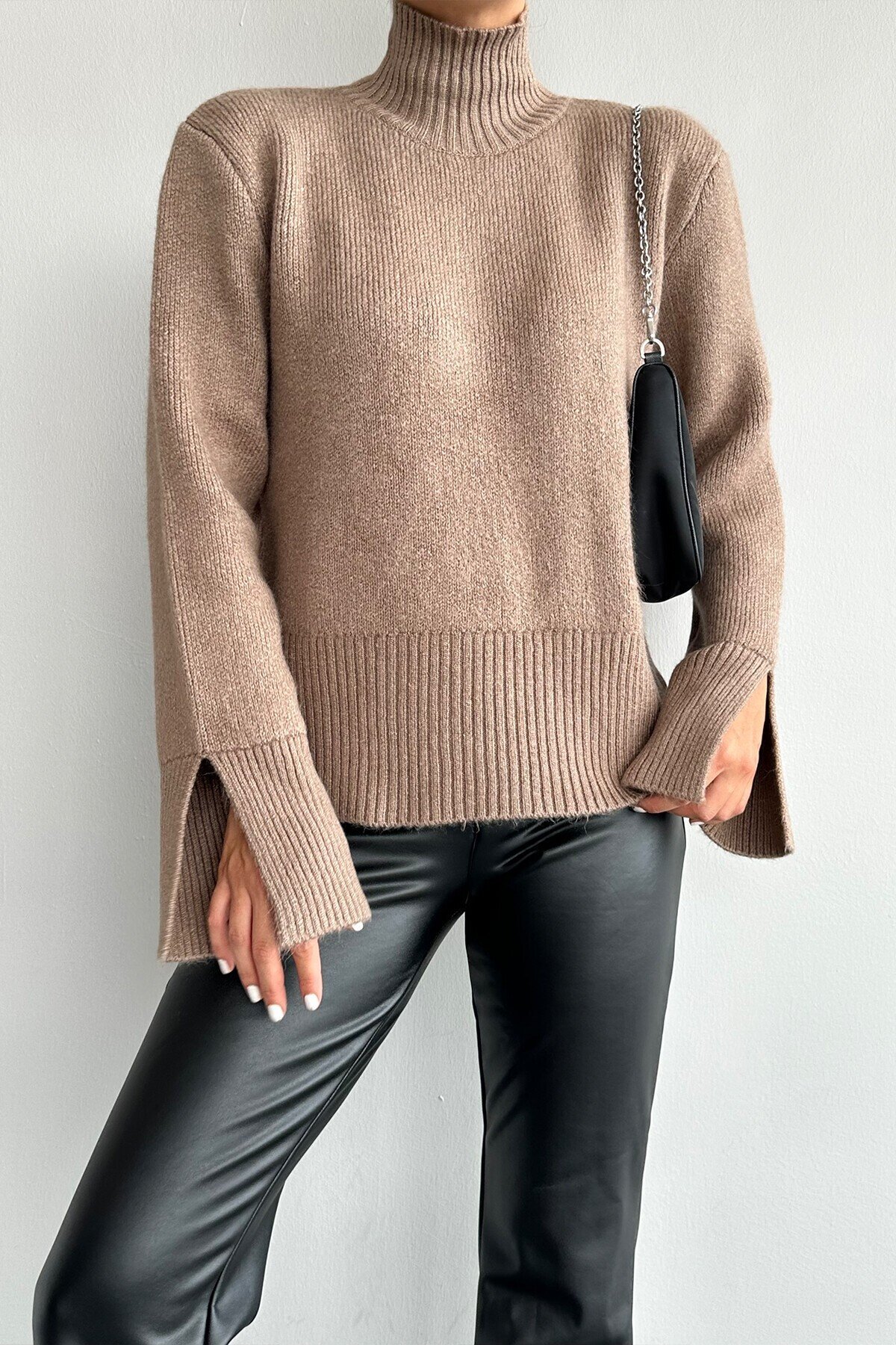 Mink Womens Turtleneck Knitwear Sweater with Slit Sleeves