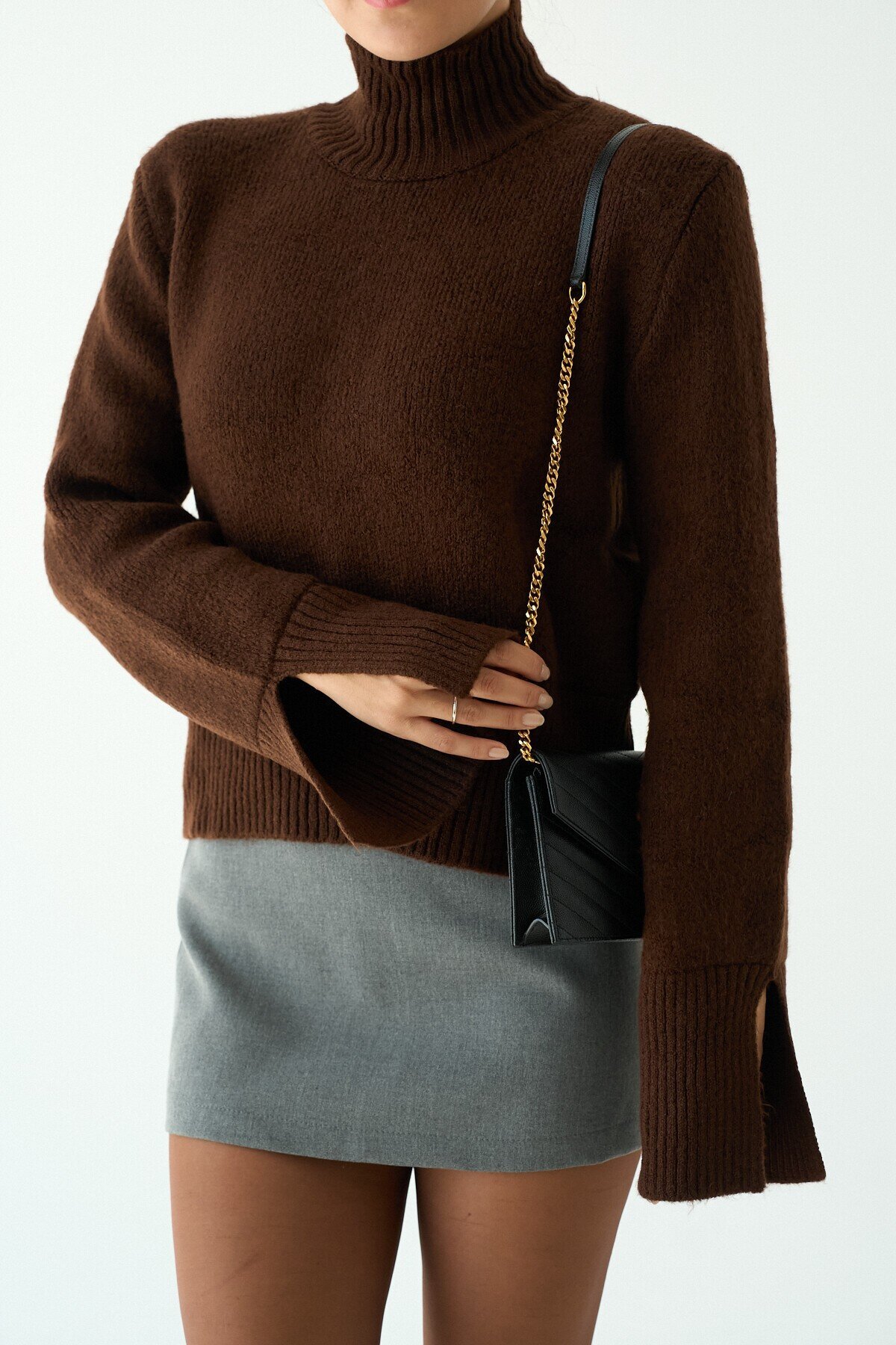 Dark Brown Womens Turtleneck Knitwear Sweater with Slit Sleeves