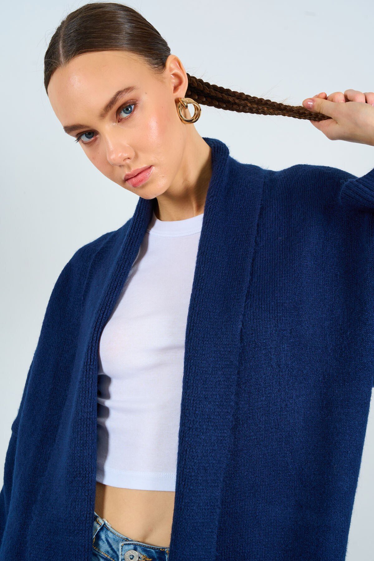Dark Blue Woman Deka Open Front Knit Cardigan