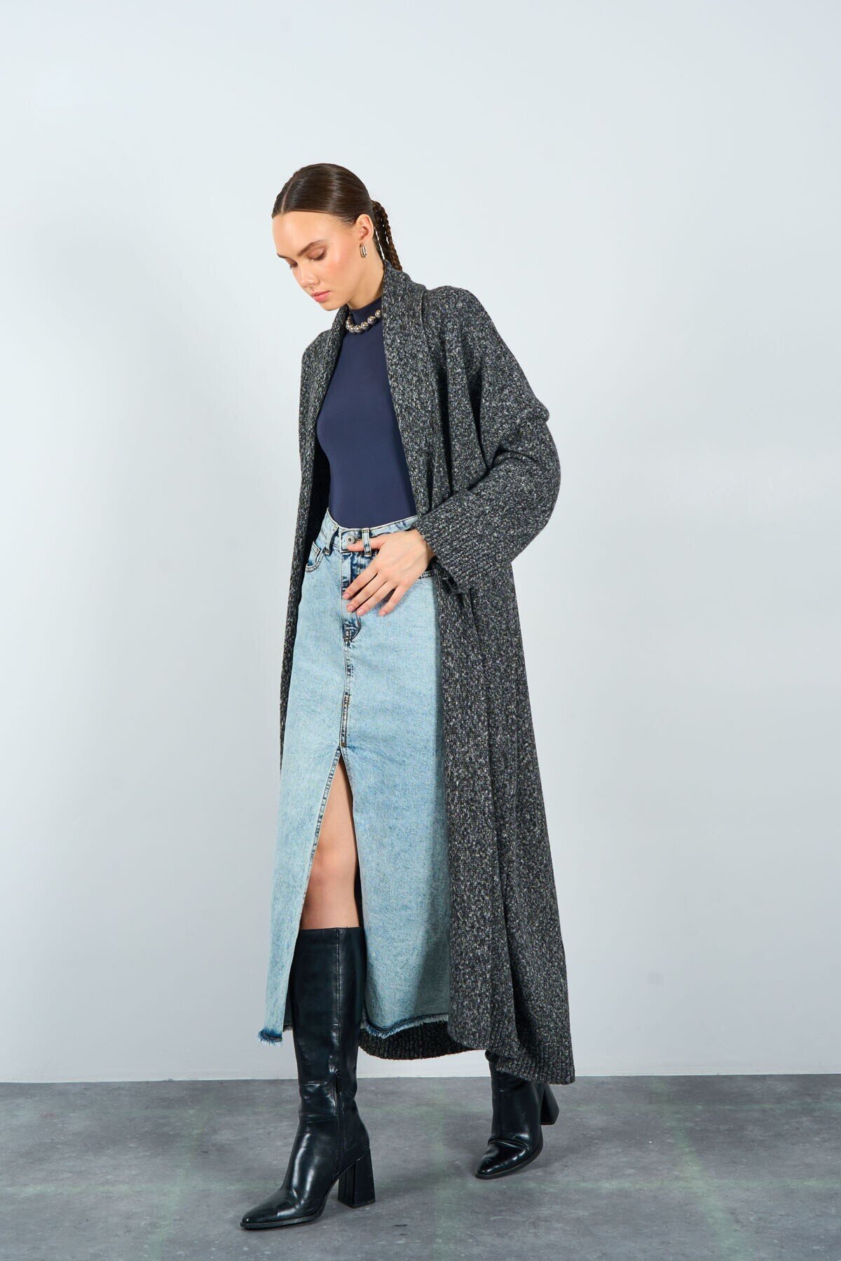 Black Woman Deka Open Front Knit Cardigan