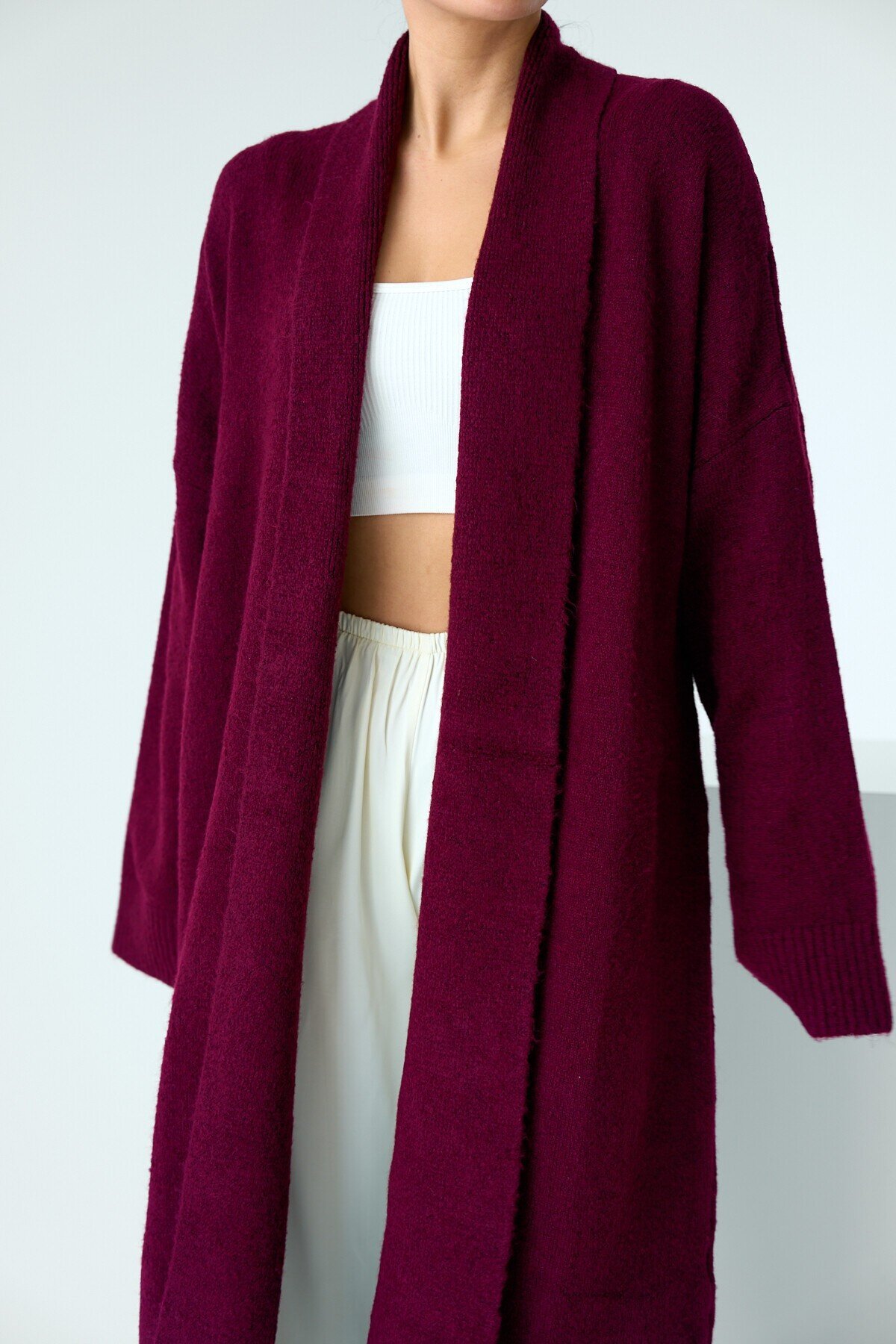 Burgundy Woman Deka Open Front Knit Cardigan
