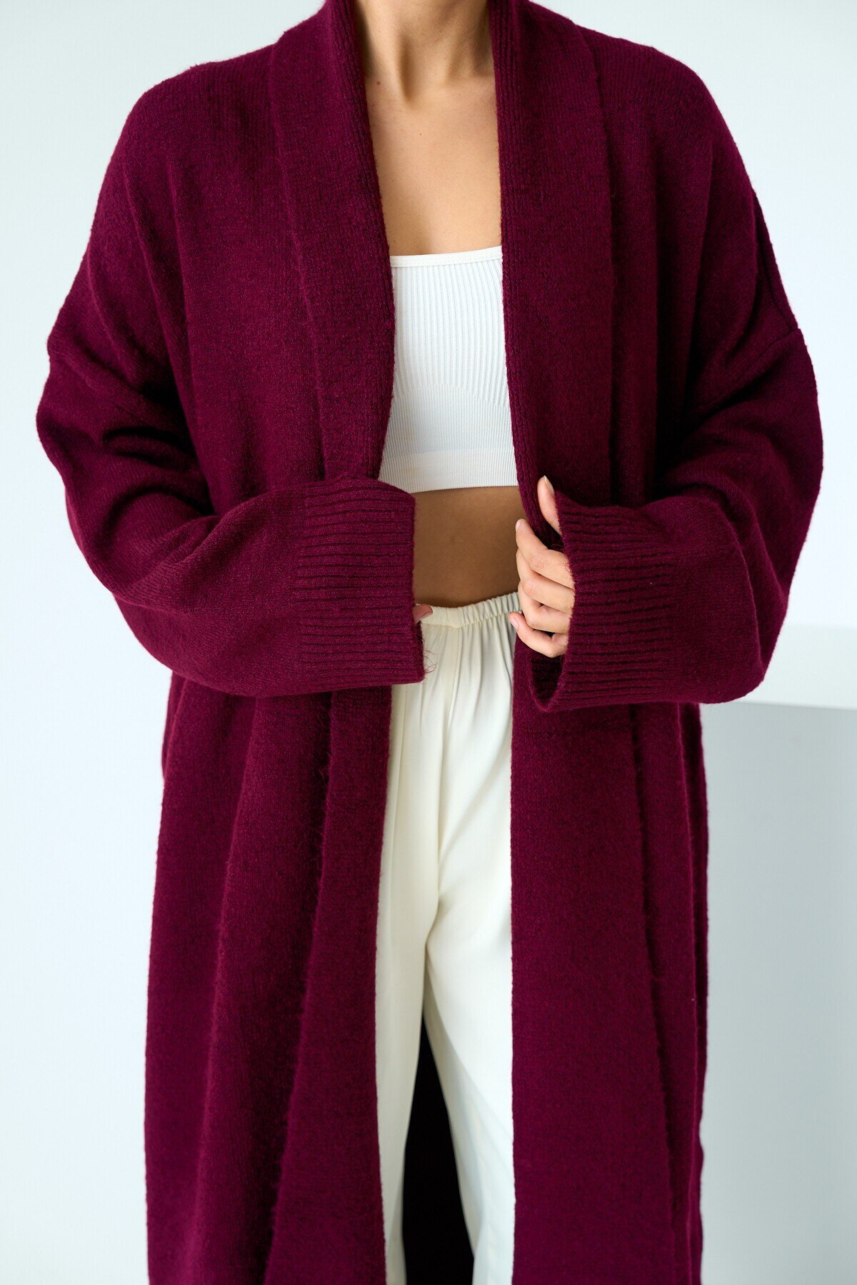 Burgundy Woman Deka Open Front Knit Cardigan