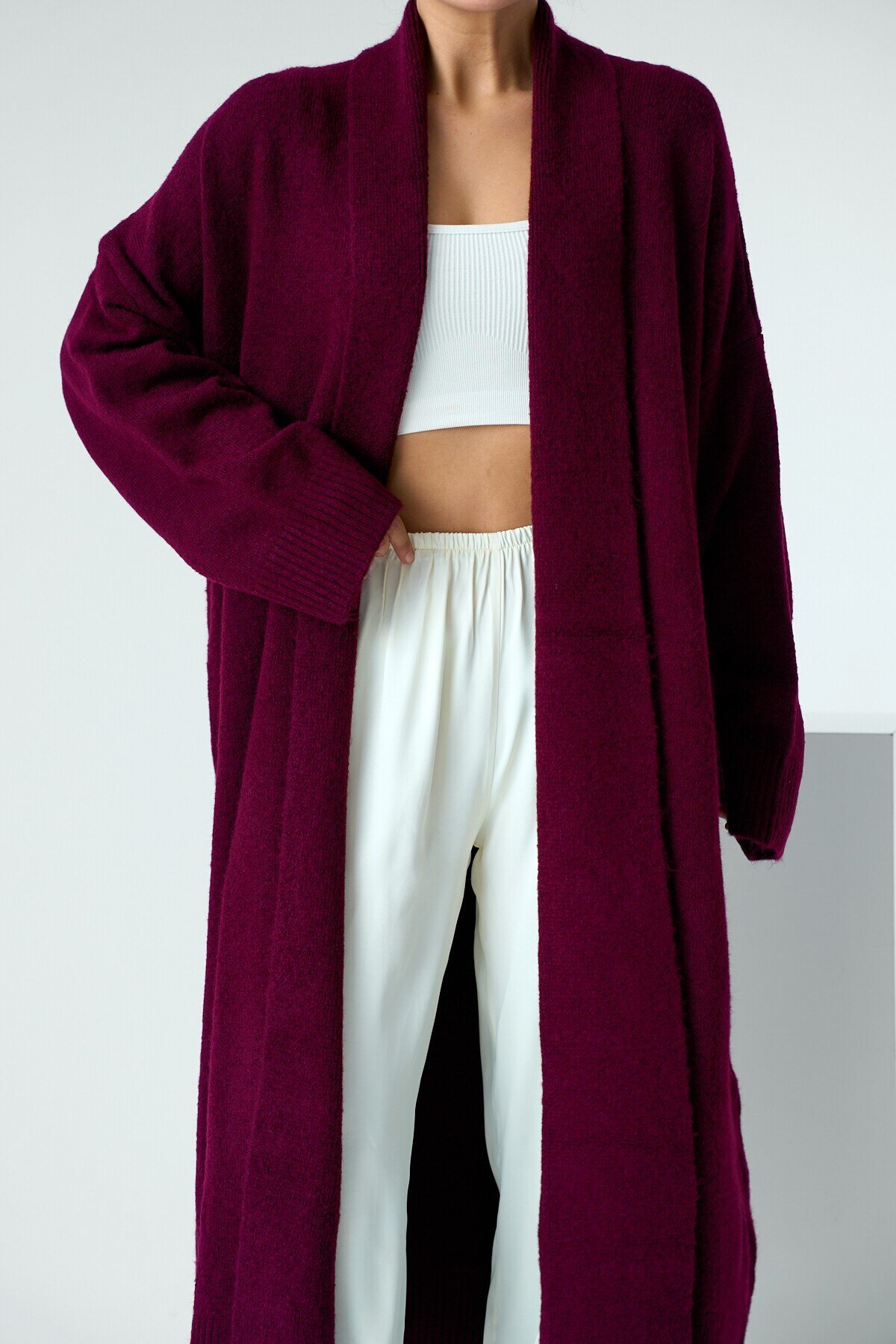 Burgundy Woman Deka Open Front Knit Cardigan
